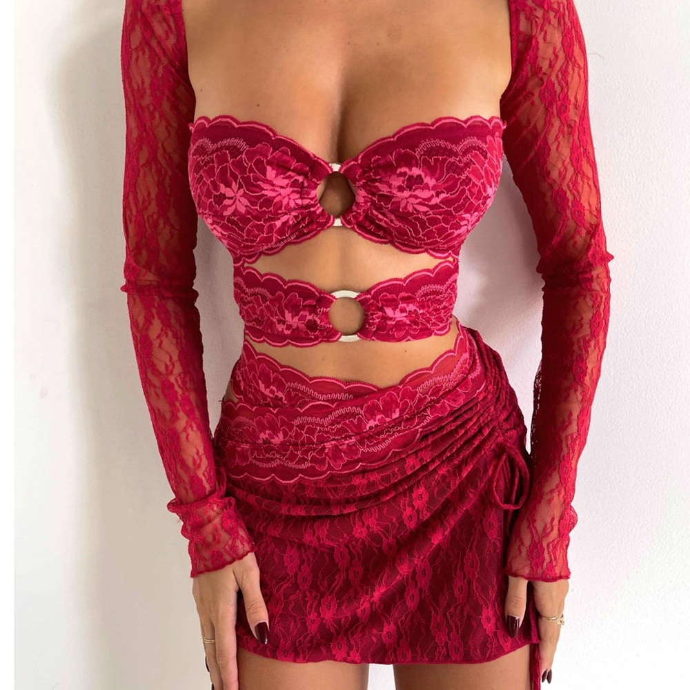Red Lace Long Sleeve Crop Top and Skirt Set